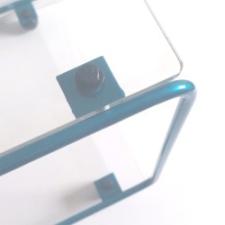 Table de nuit, de chevet moderne, artisanale crée et fabriquée en France, plexiglas et métal peint bleu turquoise