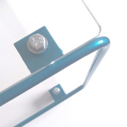 Table de nuit, de chevet moderne, artisanale crée et fabriquée en France, plexiglas et métal peint bleu turquoise