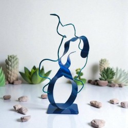 sculpture abstraite métal bleu marine et bleu turquoise