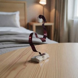 sculpture abstraite métal rouge socle en pierre